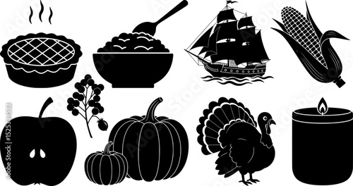 Classic thanksgiving holiday and autumn harvest silhouette collection with pumpkin pie turkey and pilgrim ship