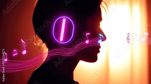 Profile silhouette with neon headphones musical notes  sound waves