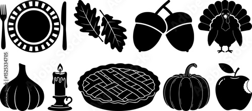 Traditional thanksgiving dinner and autumn harvest silhouette collection with turkey pie pumpkin and festive elements