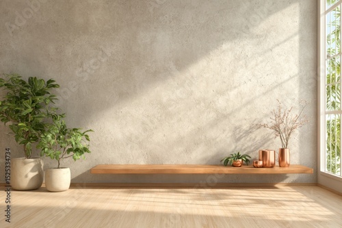 Minimalist Indoor Scene A Wooden Shelf and Plant