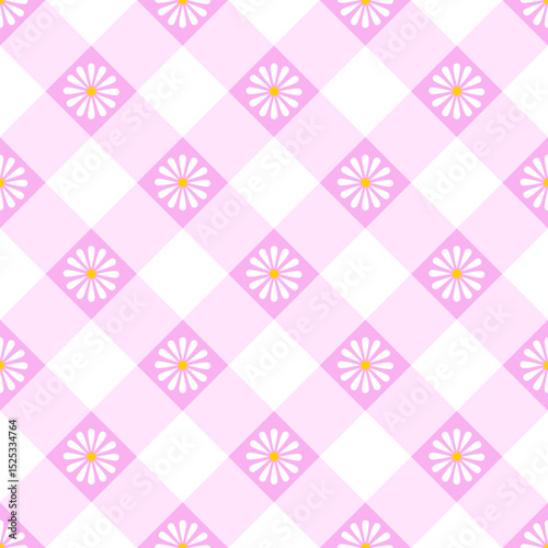 Small daisies arranged in a pink repeating checkered design pattern used in various applications, such as textiles, wallpapers, and digital design.