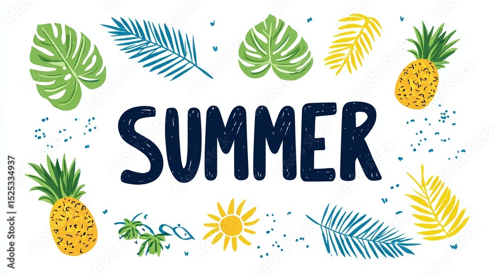 Obraz premium Summer text surrounded by tropical leaves sun and pineapples on white background.
