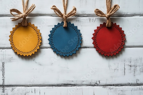 Colorful Round Tags with Twine on Rustic Wooden Background