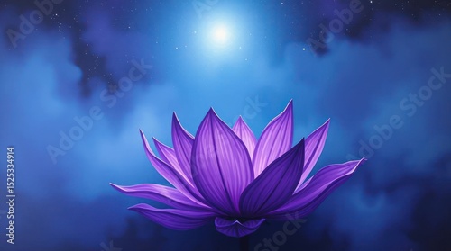 Purple lotus flower blooms against a deep blue night sky with scattered stars and a bright celestial light