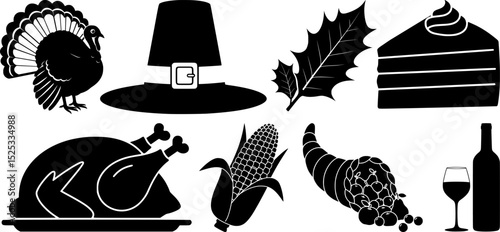 Traditional thanksgiving feast and autumn harvest silhouette collection with turkey pilgrim hat and cornucopia