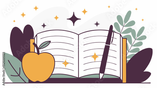 Open notebook with pen and apple in magical vector illustration