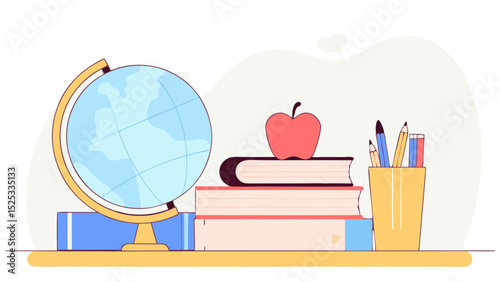 School supplies with globe and books in flat vector illustration