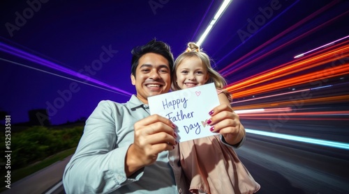 Smiling father and daughter holding Happy Fathers Day card against blurred light trails