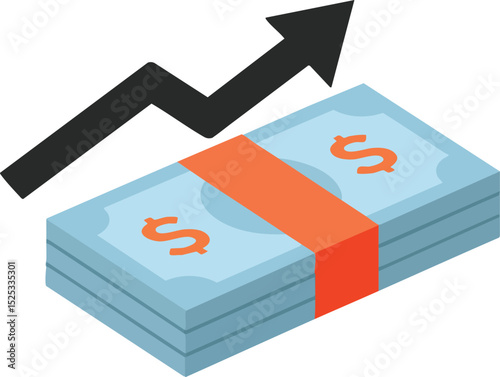 Stack of money with upward trending arrow symbolizing financial growth and profit increase vector illustration 