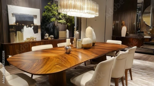 Modern dining room interior design with wooden dining table and chairs
