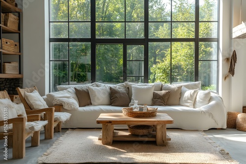 Experience the serene ambiance of a sunlit living room, a tranquil space designed for relaxation and appreciation of nature. The room is awash in natural light.
