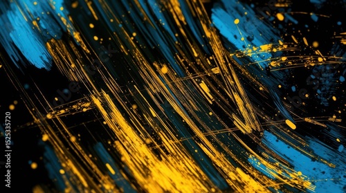 Streaks of gold and blue paint splattered across a black backdrop create a dynamic abstract pattern