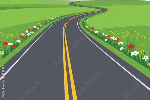 Winding country road with yellow lines and wildflowers along green fields natural landscape vector illustration 