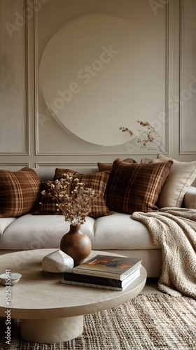 Serene living room interior design with neutral tones, featuring a curved wall detail, plush sofa, coffee table, and decorative accessories.