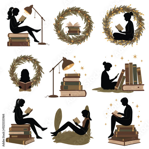 Nine diverse silhouettes of people reading books some sitting on stacks with lamps and wreaths vector
