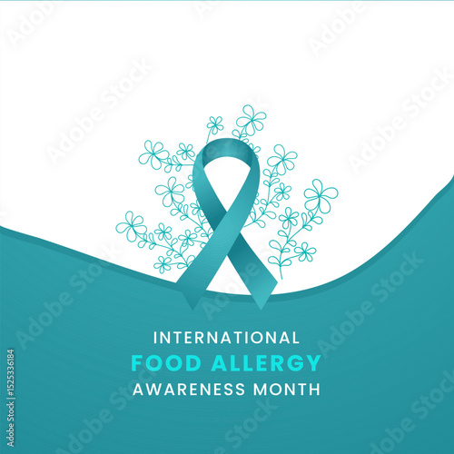 Teal ribbon with flower awareness graphic for International Food Allergy Awareness Month.