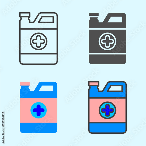 Flat and bold icon set of medical jerry cans with cross mark, combining industrial and health context, perfect for emergency guide or campaign visual.