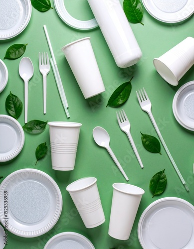 Disposable single use plastic objects such as bottles, cups, forks, spoons and drinking straws that cause pollution of the environment, especially oceans. Top view