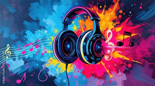 Vivid illustration of headphones amid musical notes and vibrant abstract splashes of color