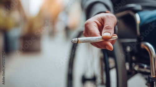 Medical cannabis use for pain relief highlighted by wheelchair user holding a rolled cigarette
