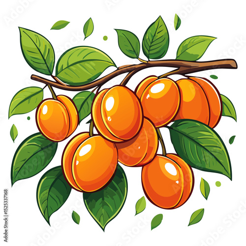 Apricots on a branch color vector illustration. Summer ripe fruits on a branch for packaging and design.