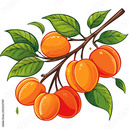 Apricots on a branch color vector illustration. Summer ripe fruits on a branch for packaging and design.