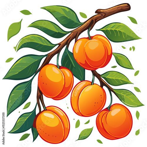 Apricots on a branch color vector illustration. Summer ripe fruits on a branch for packaging and design.