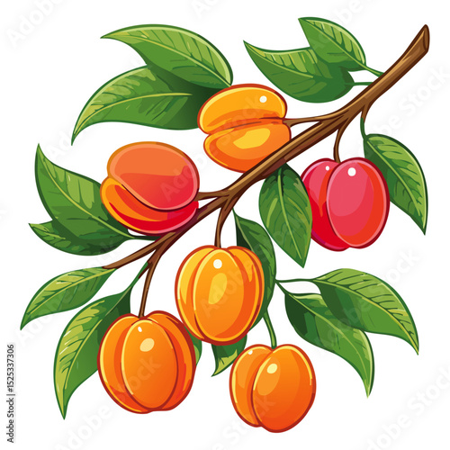 Apricots on a branch color vector illustration. Summer ripe fruits on a branch for packaging and design.