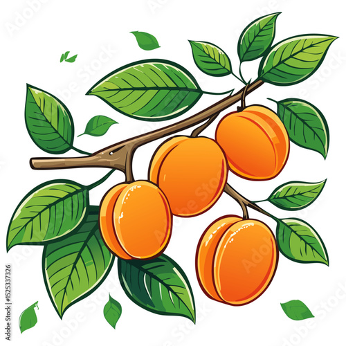 Apricots on a branch color vector illustration. Summer ripe fruits on a branch for packaging and design.