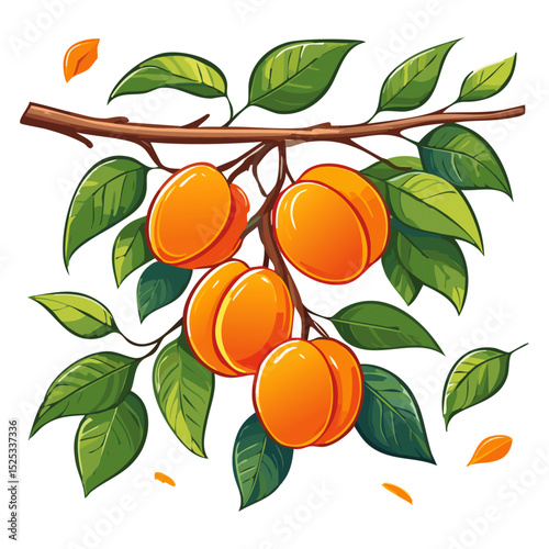 Apricots on a branch color vector illustration. Summer ripe fruits on a branch for packaging and design.