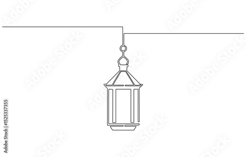 Hanging lanterns in one line drawing. Horizontal banner in minimalistic Industrial style. single continuous line drawing, Vector illustration. Line art of pendant lamp.