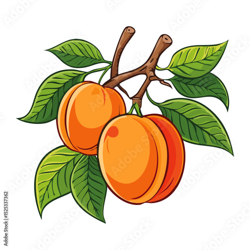 Apricots on a branch color vector illustration. Summer ripe fruits on a branch for packaging and design.