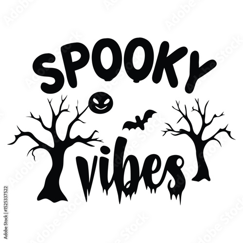 Spooky Vibes Halloween Design – Creepy Trees, Bat, Pumpkin Face Clipart