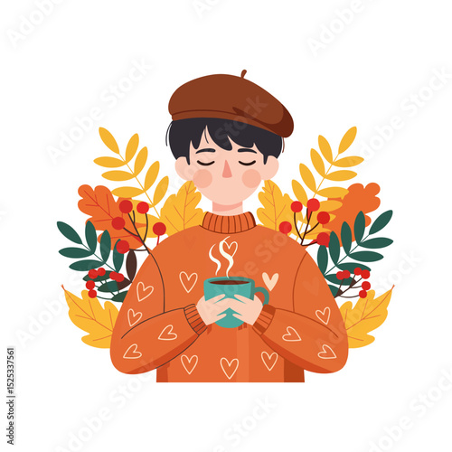 Person Enjoying a Warm Drink in Autumn Setting