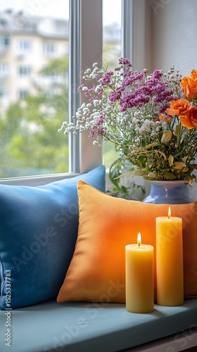 An inviting windowsill scene, a soft medley of colors, features fresh flower arrangements and lit candles, evokes warmth, comfort and a sense of tranquility.