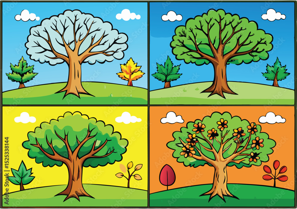 Vector illustration of autumn trees in a park landscape with colorful leaves