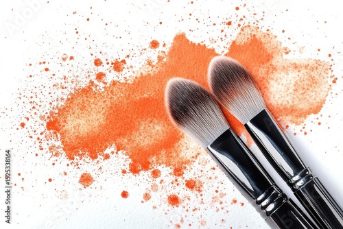 Makeup Brushes with Orange Cosmetic Powder on White Background