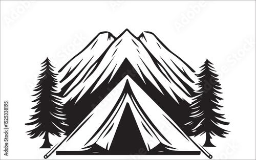 Silhouette Set of Hikers, Campsite, Cabin, and Mountain Adventure Scenes 