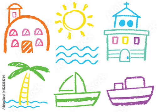 A vibrant vector illustration of a summer travel icon set featuring sea, beach, sun, and tropical island landscapes with charming houses, castles, and boats