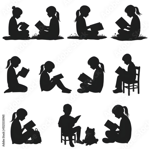 Twelve silhouetted children are shown engrossed in reading books in various seated positions some on grass and with chairs or a cat vector