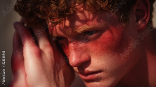 Young man in discomfort examines sunburned skin after a day in the sun at the beach during summertime