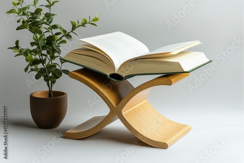 Modern Wooden Book Holder with Open Book and Green Plant Decor