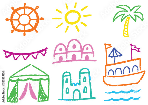 Set of vector beach and summer travel icons with sun, sea, and sand illustrations for your holiday design