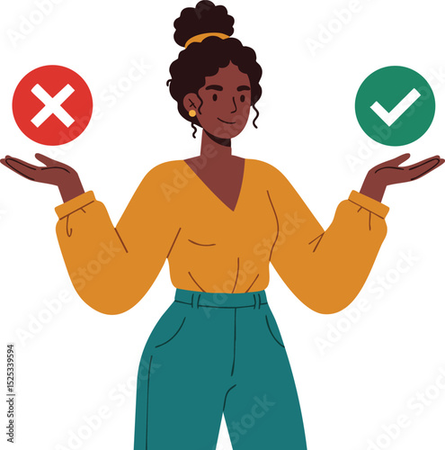 Woman weighing right and wrong choices with red cross and green check marks vector illustration 