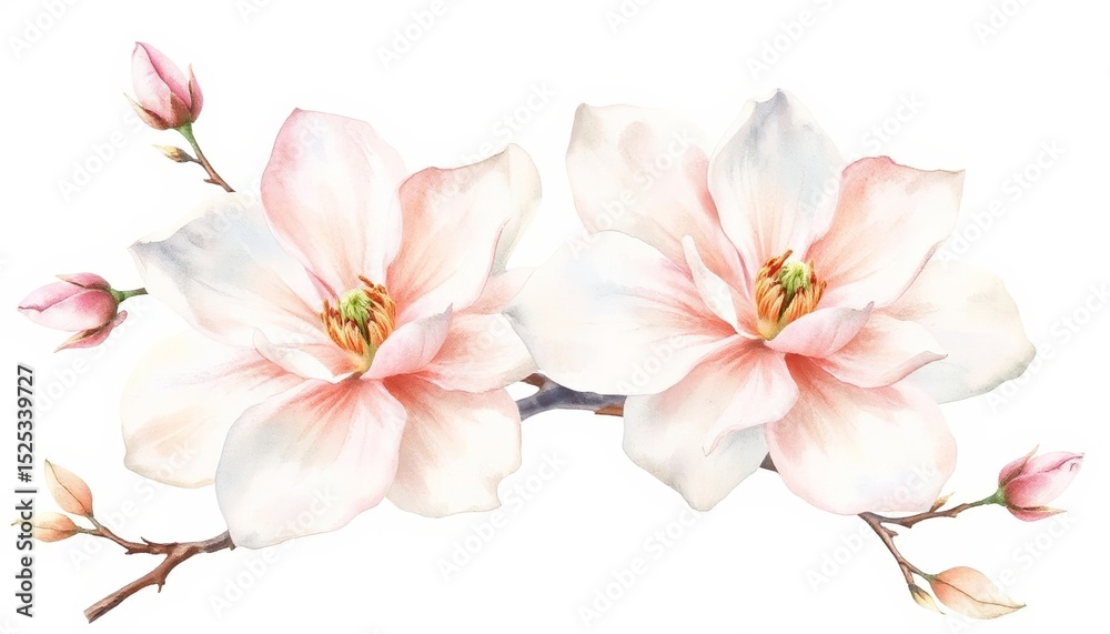 Naklejka premium Pink magnolia flowers with buds on a white background 