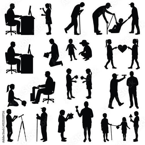 Silhouettes depicting various family and daily life activities such as working playing helping and childcare vector