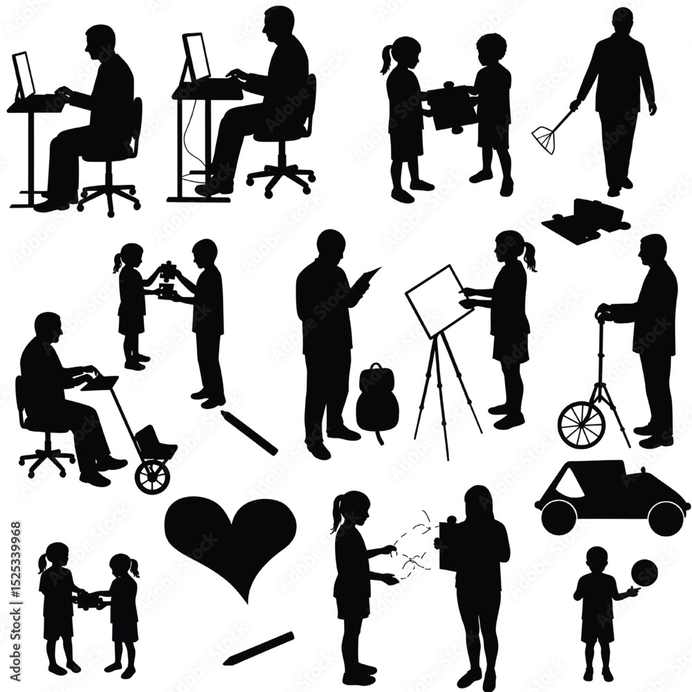 © Vector Silhoutte - Silhouettes of people engaged in various daily activities and interactions including work childcare and play vector