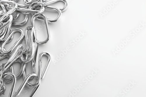 Shiny paper clips scattered on a clean white background