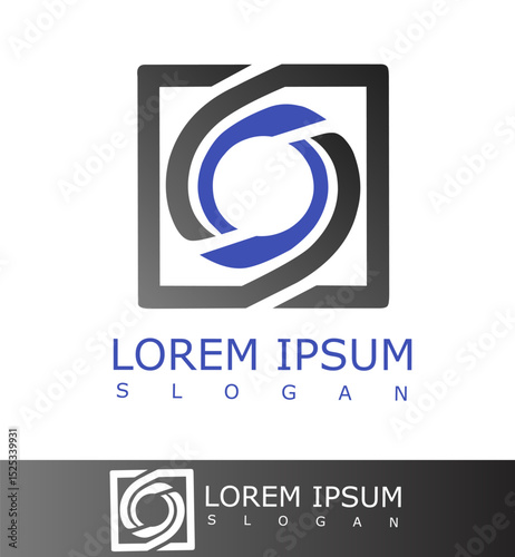 Modern logo with a blue and black circular abstract design enclosed in a square frame, representing unity, motion, and technology. Ideal for digital, tech, or creative businesses
