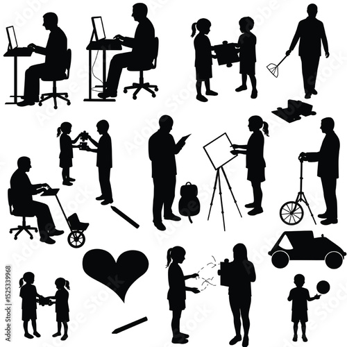 Silhouettes of people engaged in various daily activities and interactions including work childcare and play vector
